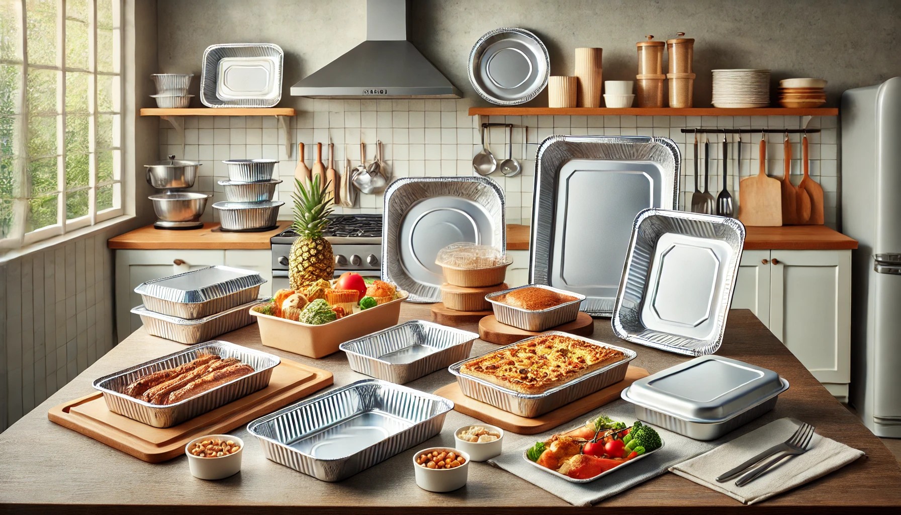 مجموعة من أدوات المائدة المتنوعة المصنوعة من رقائق الألومنيوم معروضة على موقع نظيف